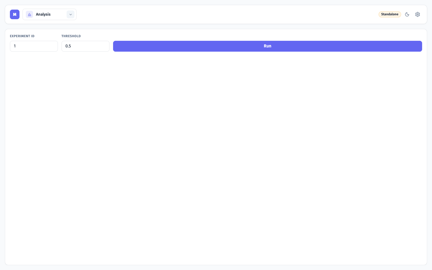 hello-mint analysis page with Experiment ID, Threshold, and Run controls